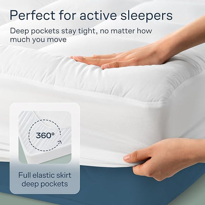 Cloud-Like Queen Mattress Topper - 100% Cotton Top Mattress Pad for Back Pain Relief - Breathable & Naturally Cooling for Hot Sleepers, White