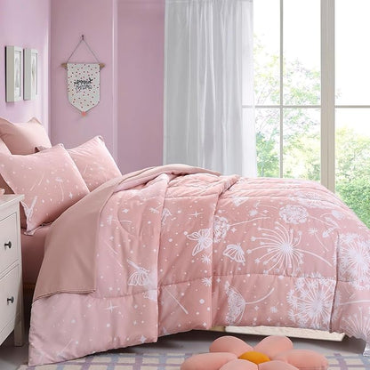 Menghomeus Girls Comforter Set Queen Size 7 Pieces Bed in A Bag Ombre Pink Bedding Set Dandelion Butterfly Print Kids Bedding Collections