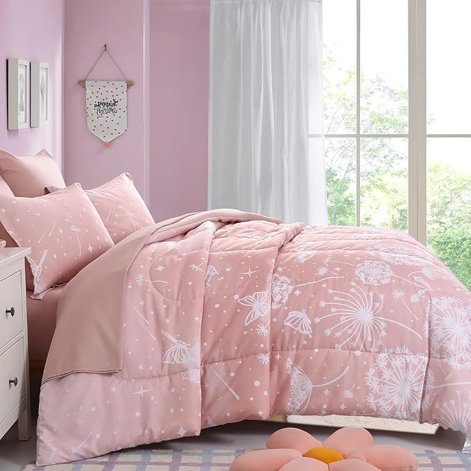 Menghomeus Girls Comforter Set Full Size 7 Pieces Bed in A Bag Ombre Pink Bedding Set Dandelion Butterfly Print Kids Bedding Collections