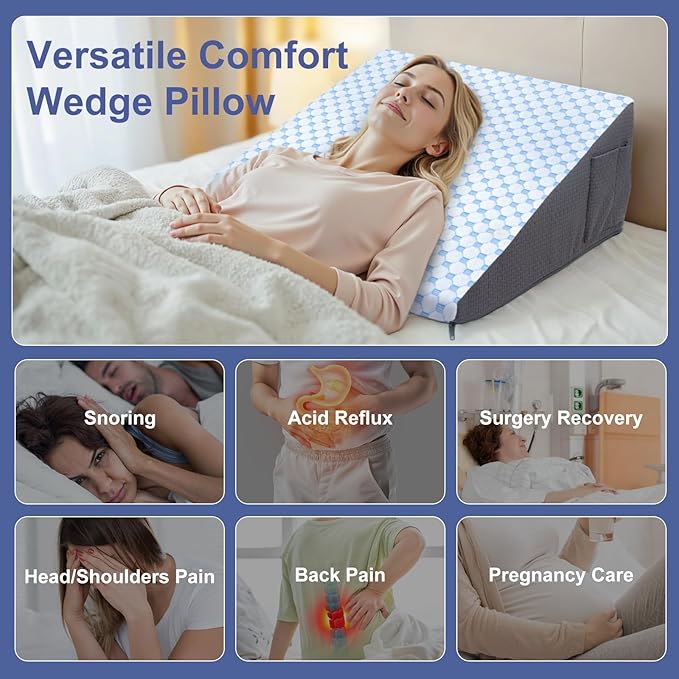 Cooling Wedge Pillow for Headboard, 10" Triangle Bed Wedge Pillow for Acid Reflux Relief, Sleeping, Snoring, Back Pain Relief, Post Surgery, Soft Memory Foam & Washable Breathable Cooling Cover, White