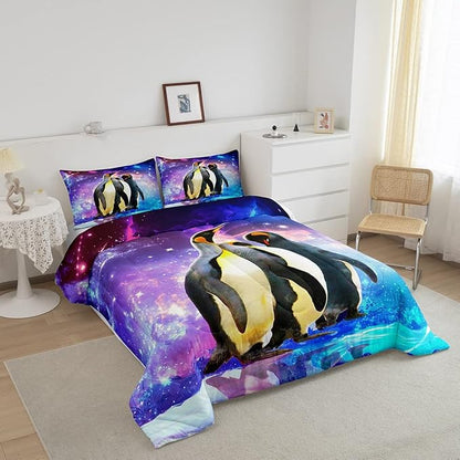 Feelyou Penguin Comforter Set Galaxy Cartoon Penguin Bedding Set for Kids Boys Girls Funny Animal Printed Comforter Cute Polar Animal Pattern Colorful Quilt Set Room Decor 3Pcs Queen Size