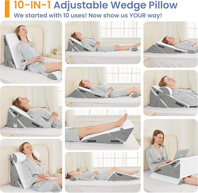 Sasttie Wedge Pillow Set for After Surgery, 3PCS Adjustable Bed Wedge Pillow Headboard with Memory Foam Neck Cushion – for Acid Reflux, Sleeping, Neck & Back Support, Dark Grey & White