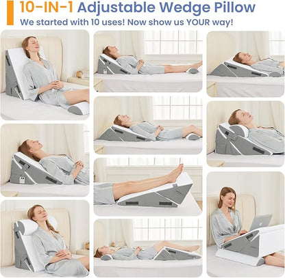 Sasttie Wedge Pillow Set for After Surgery, 3PCS Adjustable Bed Wedge Pillow Headboard with Memory Foam Neck Cushion – for Acid Reflux, Sleeping, Neck & Back Support, Dark Grey & White