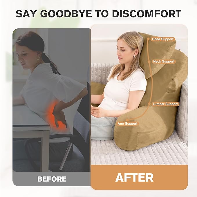 Portable Reading Pillows with Headrest for Bed Sitting Up(Camel Oeko-Tex), Velvet Back Pillow with Arms & Pockets for Adults, Support Memory Foam Bed Pillow for Dorm/Reading/Watching/Gaming