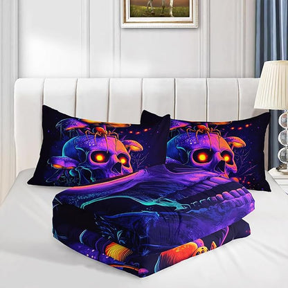 Death Skull Comforter Set Full Size,Gothic Bedding Spider Mushroom Printed Comforter Set for Kids Teens Boys Room Decor,Spooky Horror Themed Bedding Sets with 2 Pillowcases.