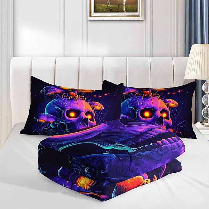 Death Skull Comforter Set Queen Size,Gothic Bedding Spider Mushroom Printed Comforter Set for Kids Teens Boys Room Decor,Spooky Horror Themed Bedding Sets with 2 Pillowcases.