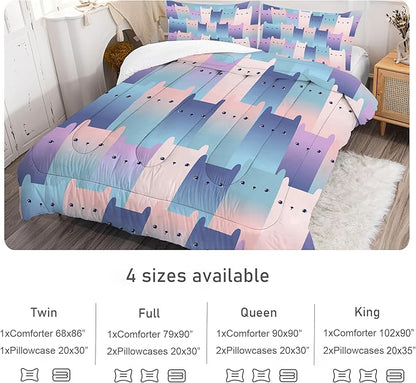 Gradient Cat Comforter Set: Twin Size Kawaii Cats Bedding Set for Kids Teens Girls Boys Bedroom Decor Blue Purple Cute Kitten Quilt Bed Sets 1 Comforter & 1 Pillowcase