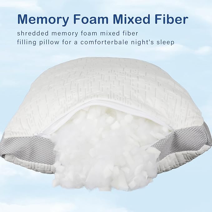 ACCURATEX Pillows Queen Size Set of 2, Rayon Derived from Bamboo Removable Cover, Shredded Memory Foam Pillow with Down Alternative Fill (Adjustable), Supportive Pillows for Side Back Sleepers