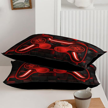 Axolotl Gamepad Comforter Set Queen Size,Red Grid Print Bedding Set,Boys Gaming Console Comforter Set,Video Gaming Controller Bedding Set for Teens Men Adults,1 Quilt 2 Pillowcases,Red Black