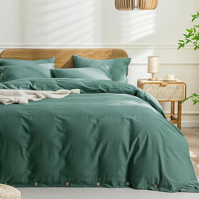 JELLYMONI Cotton Duvet Cover King Size - Dark Green Comforter Cover with Button 100% Washed Cotton 3PCS Breathable Soft Solid Bedding Set Duvet Cover 104×90in & 2 Pillowcases (NO Comforter)