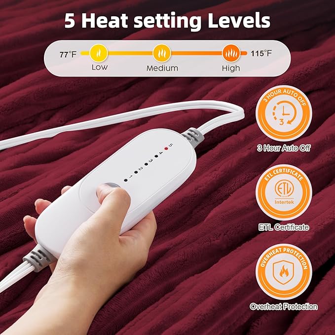 HYLEORY Heated Blanket Electric Twin, Soft Flannel Sherpa Heater 5 Heat Settings and 10 Hours Auto Shut-Off Heating Blanket ETL Certification Over-Heat Protection Machine Washable,Red