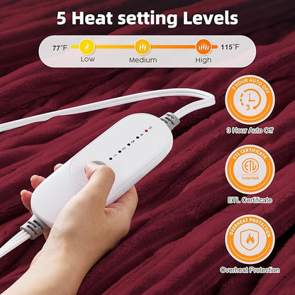 HYLEORY Heated Blanket Electric Twin, Soft Flannel Sherpa Heater 5 Heat Settings and 10 Hours Auto Shut-Off Heating Blanket ETL Certification Over-Heat Protection Machine Washable,Red