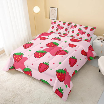 QOOMO Kawaii Comforter Twin,Pink Strawberry Comforter Set for Kids Teens Girls,3Pcs Bedding Set Printed Comforter with 2 Pillowcases,Down Alternative,Soft and Lightweight，Twin Size