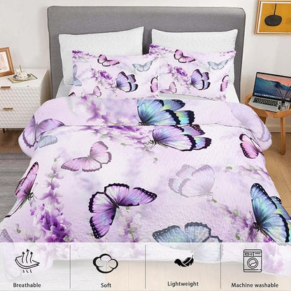 Lavender Purple Butterfly Quilts Bedding King 3Pcs Colorful Butterfly Pattern Quilt Bed Set Aesthetics Butterflies Lightweight Soft Bedspreads Coverlet with 2 Pillowcases for Boys Girls Adult Room