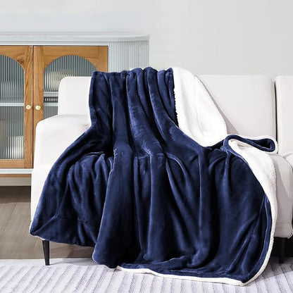 IR Imperial Rooms Sherpa Blankets Queen Size - Thick and Warm Blankets for Winter, Reversible Soft and Fuzzy Fluffy Queen Size Blanket for Bed, Navy, 90x90 Inches