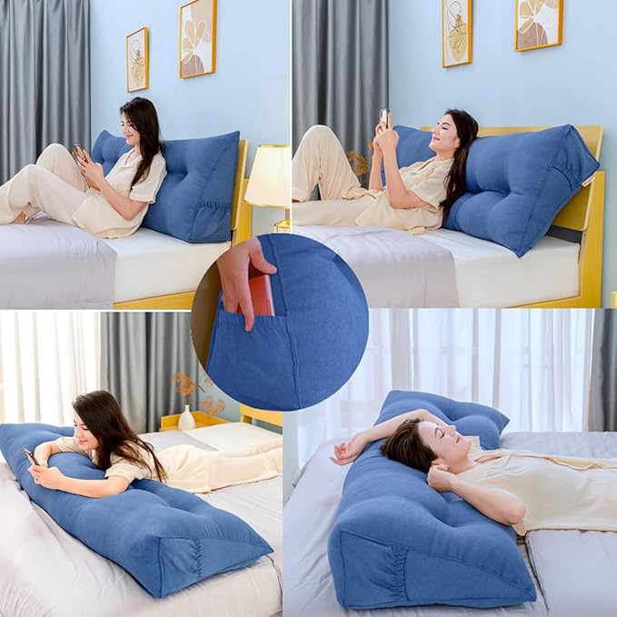 Triangular Reading Bed Rest Pillow Large Bolster Cushion Headboard Backrest Wedge Pillow with Removable Cover and Two Large Side Pockets (Grey, Queen: 59 x 8 x 20 inches)
