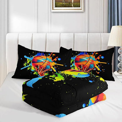 Black Basketball Comforter Set Full Size,Watercolor Tie-dye Comforter Color Graffiti Hip Hop Style Full Bed Set,Ball Sports Games Bedding Set for Teens Kids Bedroom Decor with 2 Pillowcases.