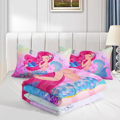 Mermaid Butterfly Comforter Set Full Size Fairy Tale Sea Shell Grass Bedding Set Colorful Rainbow Quilt Bed Set for Kid Girls with 1 Comforter and 2 Pillowcases