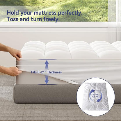 ELEMUSE Super/Olympic Queen Mattress Topper for Back Pain, Extra Thick Mattress Pad Cover, Plush Soft Pillowtop with Elastic Deep Pocket, Overfilled Down Alternative Filling