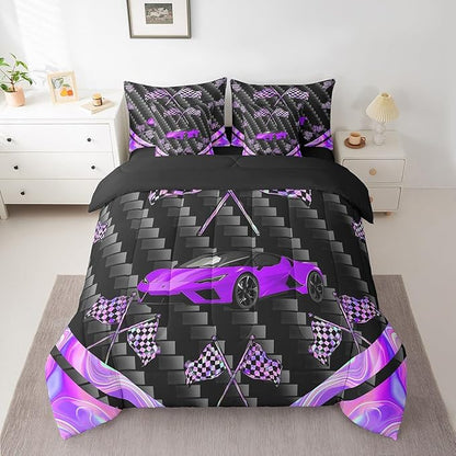 Feelyou Purple Race Car 7 Piece Bedding Set Full Size Extreme Sports Comforter Set with Sheets for Kids Teens Adult Fast and Furious Bed in a Bag Dazzling Flag Bed Set