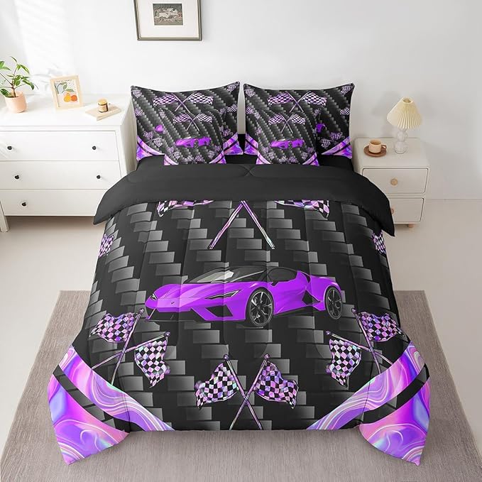 Feelyou Purple Race Car 7 Piece Bedding Set King Size Extreme Sports Comforter Set with Sheets for Kids Teens Adult Fast and Furious Bed in a Bag Dazzling Flag Bed Set