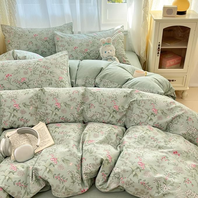 Duvet Cover Full 3Pcs Green Pink Floral Bedding Set for Girls Kids Botanical Flower Bedding Reversible Striped Pattern Soft Microfiber Sage Green Bedding with 2 Pillowcases(No Comforter)