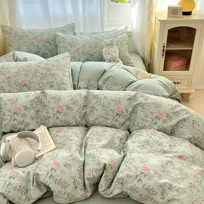 Duvet Cover Full 3Pcs Green Pink Floral Bedding Set for Girls Kids Botanical Flower Bedding Reversible Striped Pattern Soft Microfiber Sage Green Bedding with 2 Pillowcases(No Comforter)