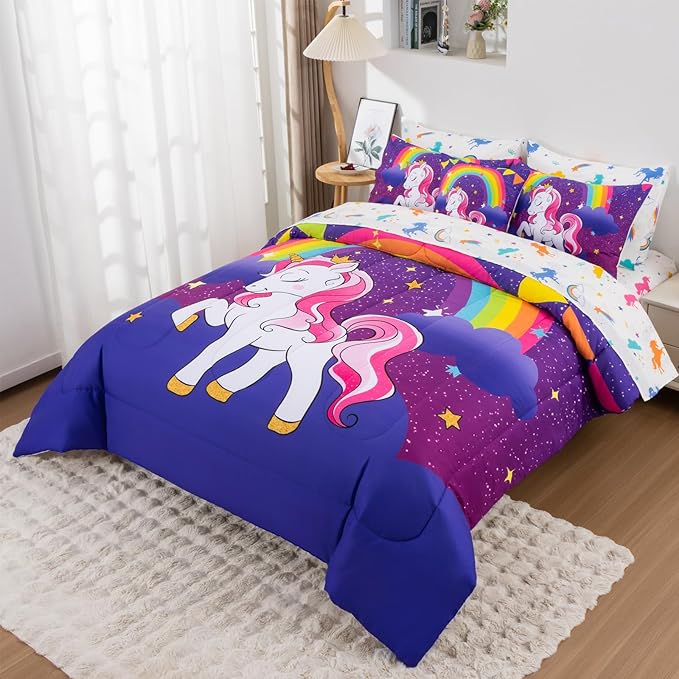 Unicorn Twin Bedding Sets for Girls Kids Teens, 6 Piece Bed in a Bag Purple Rainbow Theme Unicorn Comforter Set Bedroom Decor with Printed Sheet Set