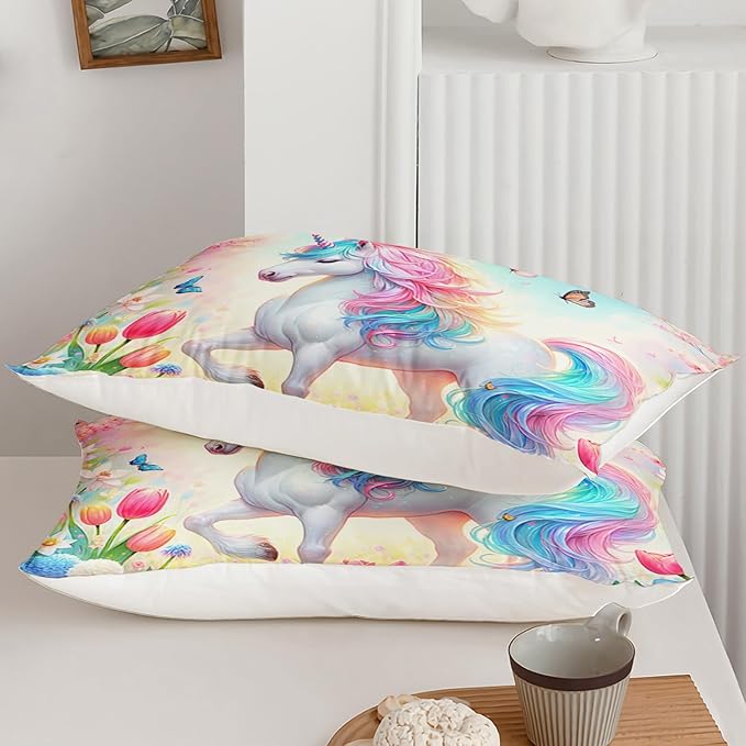 Pink Unicorn Comforter Set Queen Size, 3 Pieces Superior Kids Flower Butterfly Bedding Set for Teen Girls and Kids Toddler, Cute Unicorn for Room Decor 3Pcs, 1 Comforter and 2 Pillowcase