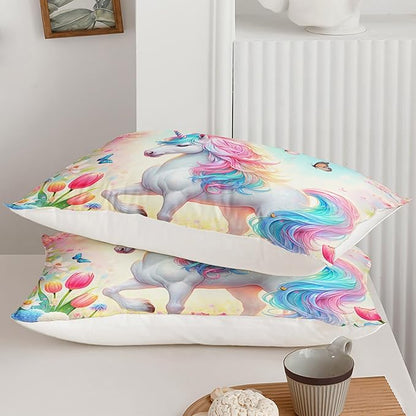 Pink Unicorn Comforter Set Queen Size, 3 Pieces Superior Kids Flower Butterfly Bedding Set for Teen Girls and Kids Toddler, Cute Unicorn for Room Decor 3Pcs, 1 Comforter and 2 Pillowcase