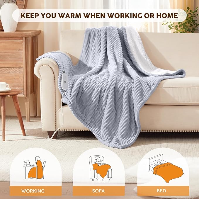HYLEORY Heated Blanket Electric Full Size, Soft Flannel Sherpa Heater 5 Heat Settings and 10 Hours Auto Shut-Off Heating Blanket ETL Certification Over-Heat Protection Machine Washable,Grey