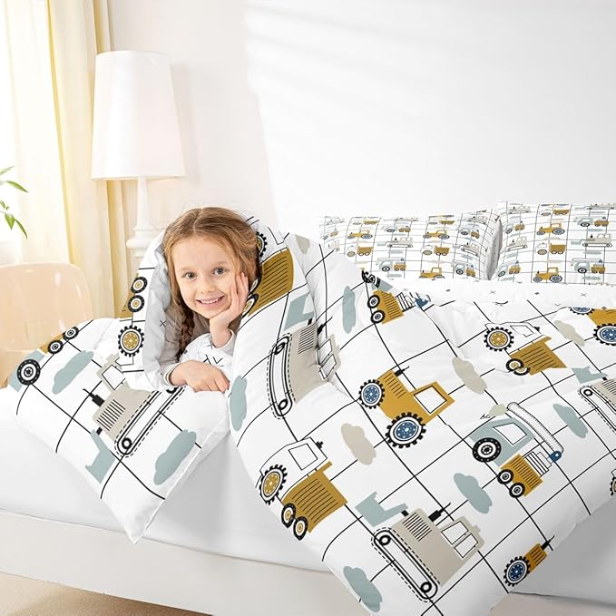 Feelyou Construction Truck Comforter Set Queen Size Kids Machinery Truck Excavators Vehicles Comforter for Boys Teens Cartoon Tractor Bedding Set Excavator Tractor Plaid Grid White Duvet Set Quilt Set