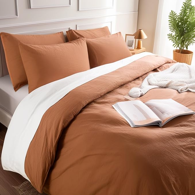 NEXHOME PRO Duvet Cover Set 100% Washed Cotton Super King 108"x98", Organic Natural Linen Look Textured 3 Pieces Bedding Set Terracotta Burnt Orange with Zipper Closure, Soft (No Comforter)