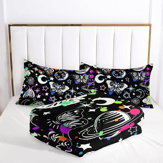 Cartoon Cosmic Planets Comforter Set for Kids, Butterfly and Moth Bedding Set with Colorful Spot Design, Star Pattern Black Comforter Bedroom Decoration Full Size
