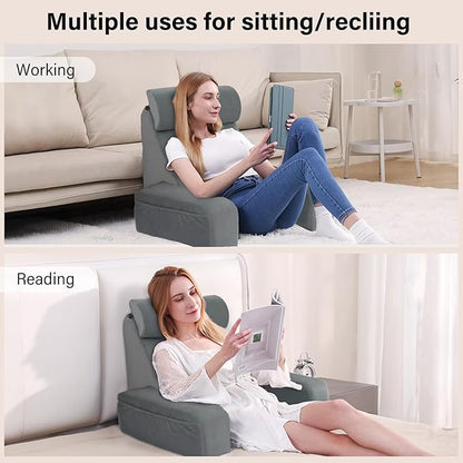ENITYA 19" Back Support Pillow,Reading Pillow with Built-in Arms & Large Pockets, Removable Washable Cover, Wedge for Sitting,Reclining,Watching TV,Post Surgery in Bed,Couch or Floor,Medium Firm,Grey