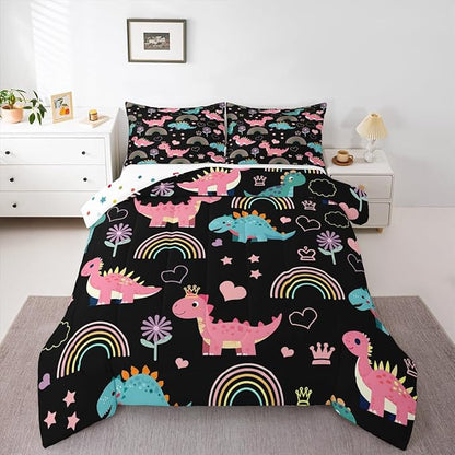 Castle Fairy Lovely Dino Kids Comforter Set Toddler Size,Cute Rainbow Floral Love Heart Reversible Quilt Set for Boys Bedroom Decor,Pink Black Dinosaur Kawaii Animal Duvet Insert,1 Pillowcase
