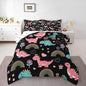 Castle Fairy Lovely Dino Kids Comforter Set Twin Size,Cute Rainbow Floral Love Heart Reversible Bedding Set for Teens Bedroom,Pink Black Dinosaur Kawaii Animal Quilted Duvet with 1 Pillowcase