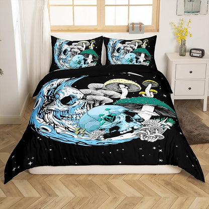 Mushroom and Moon Duvet Cover Set King Size,Gothic Skull Stars Space Comforter Cover with 2 Pillowcases,Mystical Galaxy Skeleton Plant Modern Bedding Set for Adult Young Bedroom Xmas Gift