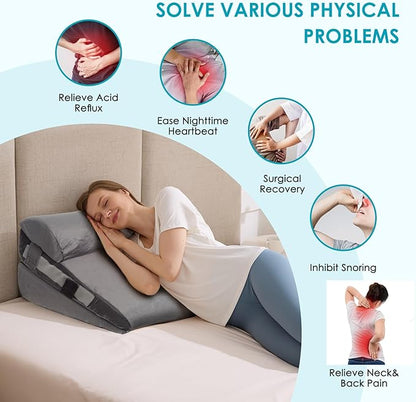 3Pcs Wedge Pillow Set for After Surgery,Acid Reflux Relief, Adjustable Bed Wedge Pillows for Sleeping,Anti Snore, Memory Foam Triangle Pillow for Back&Neck&Shoulder Pain Relief, Plush Grey
