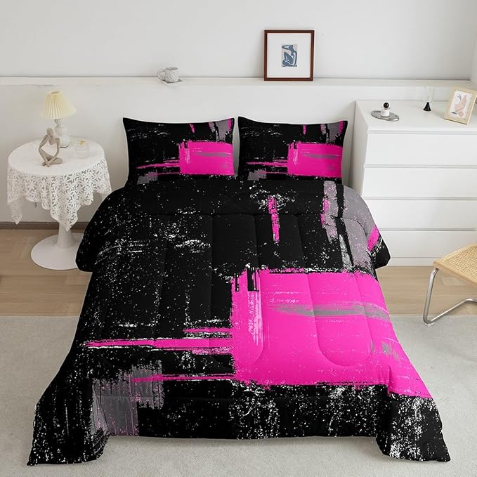 Feelyou Black Hot Pink Comforter Toddler Size Geometric Comforter Set for Boys Girls Children Abstract Bedding Set Room Decor Modern Art Duvet Set 2Pcs