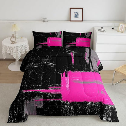 Feelyou Black Hot Pink Comforter Toddler Size Geometric Comforter Set for Boys Girls Children Abstract Bedding Set Room Decor Modern Art Duvet Set 2Pcs