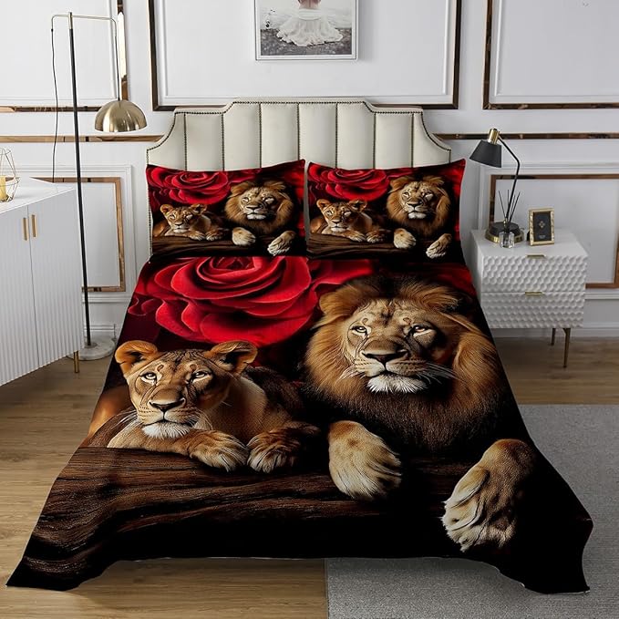 Erosebridal Lion Bedspread Quilt Set Queen Size, Africa Wildlife Quilted for Kids Teens Adult, Red Rose Flower Pattern Coverlet Set, Animal Theme Bedspread, Soft Luxury Microfiber, Black Brown