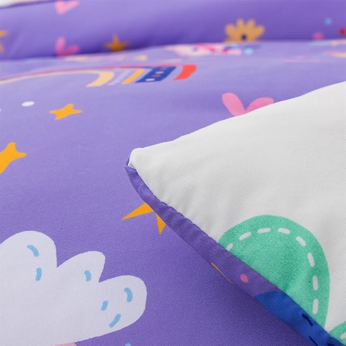 Holawakaka Boho Rainbow Queen Comforter Set with Sheets, 5-Piece Bohemian Love Heart Star Bedding Set for Girls & Women -Super Soft Microfiber Kids Teen-Girls Lavender Reversible Bed-in-a-Bag