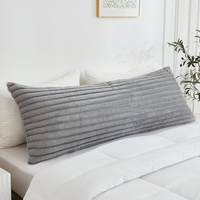 Full Body Pillow with Fluffy Stripe Faux Fur Removable Cover, Long Bed Pillow Adult 20x54 Inches for Side Sleeper and Pregnancy, Gray.