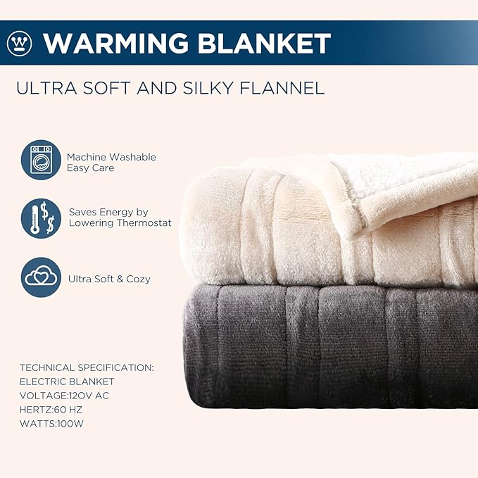 Westinghouse Electric Blanket Full, Heated Blanket Full Size with 10 Heating Levels and 1 to 12 Hours Heating Time Settings, Flannel to Sherpa Reversible, Machine Washable (80" x 84", Navy)