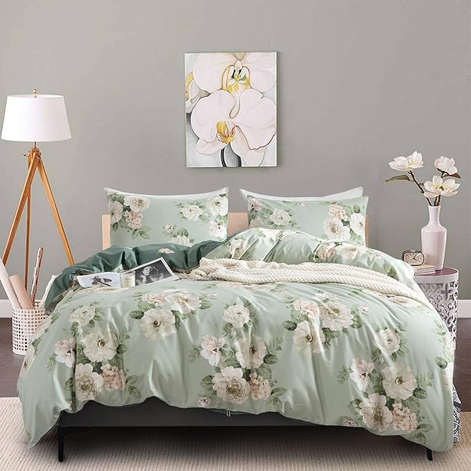 Floral Duvet Cover Queen 100% Soft Cotton 3 Pieces French Country Chic Garden Style Peony Flower Luxury Blossom Floral Vibrant Pattern Reversible Flower Duvet Cover Queen with Zipper Closure