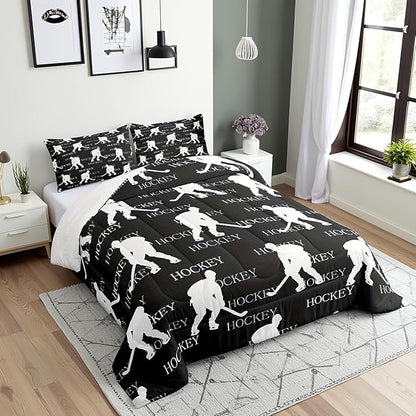 Hockey Sports Event King Size Comforter Set,Kids Black Hockey Player Decor All Season Bedding Set,Teens Sports Game Comforter,Hockey Lover Decor Quilt Set Bedroom Collection 3Pcs