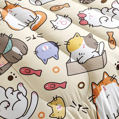 QOOMO Kawaii Cat Comforter Queen,Kawaii Animals Comforter Set for Kids Teens Girls,3Pcs Bedding Set Printed Comforter with 2 Pillowcases,Down Alternative,Soft and Lightweight，Queen Size