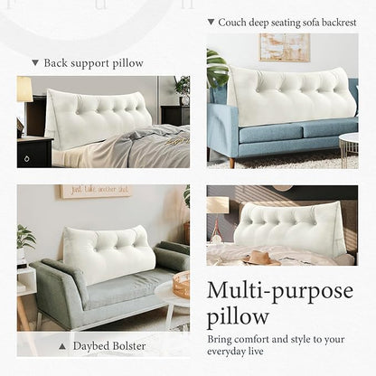 Headboard Wedge Pillow Large Bolster Triangle Reading Pillow King Size Bed Rest Back Support Pillow for Sitting up in Bed Daybed Couch Backrest Cushion Velvet Off-White