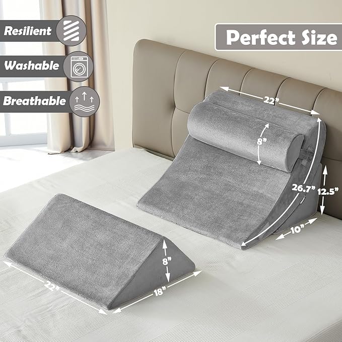 4Pcs Wedge Pillow for Sleeping, Orthopedic Bed Wedge Pillows for After Surgery, Foam Triangle Sit Up Pillow Wedge for Back, Neck, Shoulder Support, Leg Elevation, Acid Reflux, Gerd, Snoring Light Grey